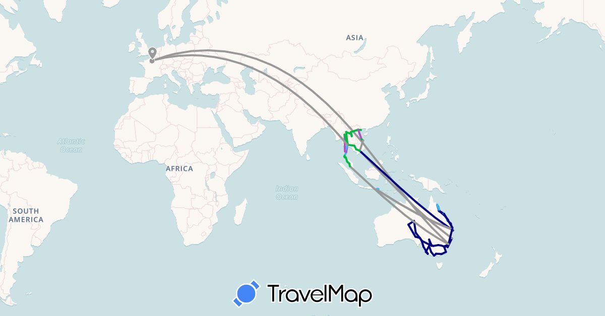 TravelMap itinerary: driving, bus, plane, train, boat, motorbike in Australia, France, Indonesia, Cambodia, Laos, Malaysia, Thailand, Vietnam (Asia, Europe, Oceania)