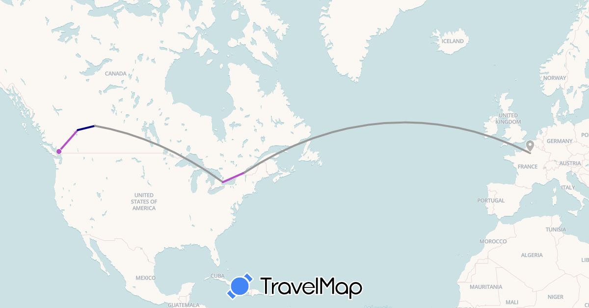 TravelMap itinerary: driving, plane, train in Canada, France (Europe, North America)